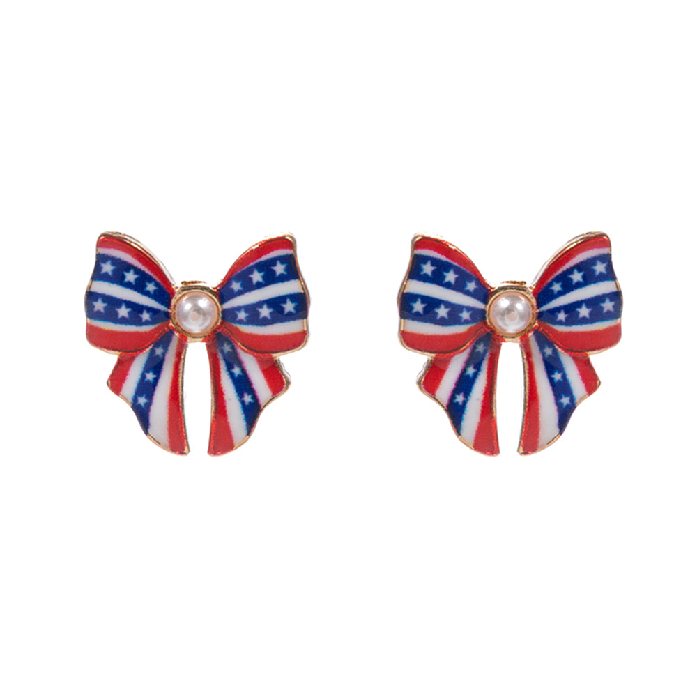iLLASPARKZ Pearl Pointed Enamel American USA Flag Bow Stud Earrings