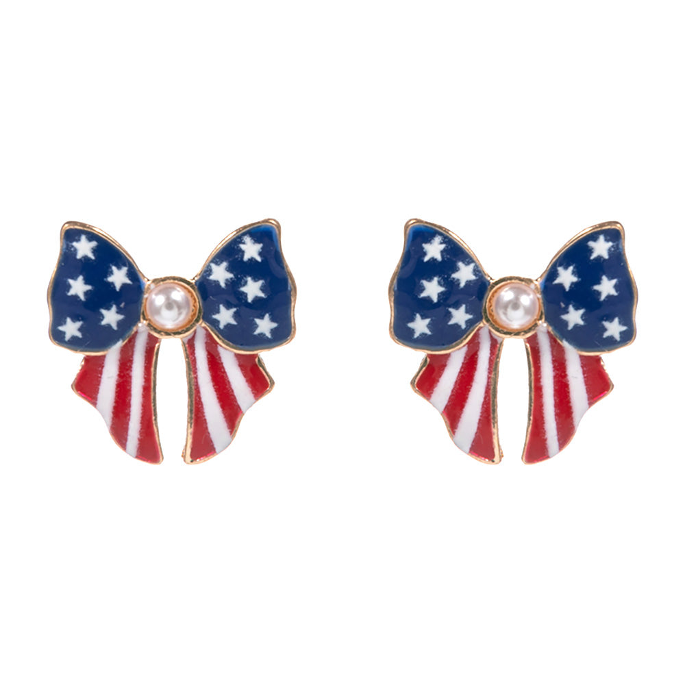 iLLASPARKZ Pearl Pointed Enamel American USA Flag Bow Stud Earrings