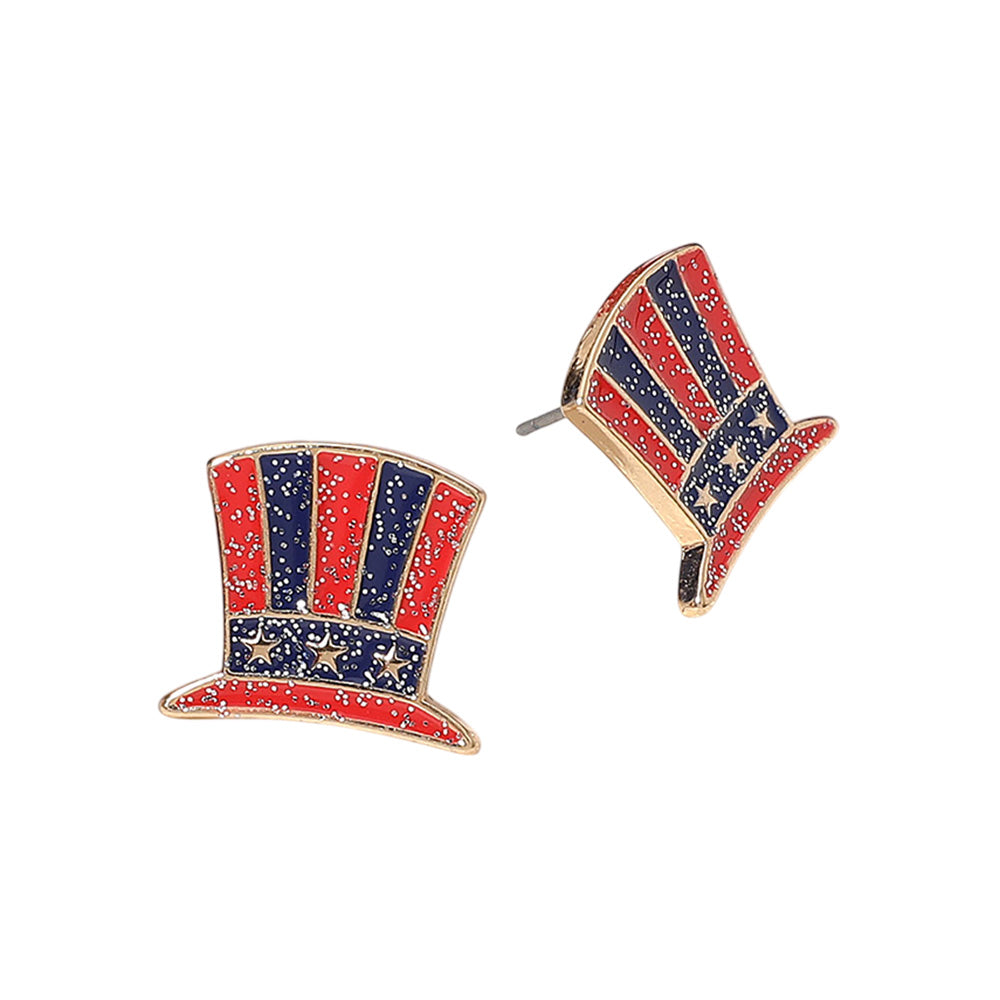 iLLASPARKZ Enamel Sparkly American USA Flag Patriotic Top Hat Stud Earrings