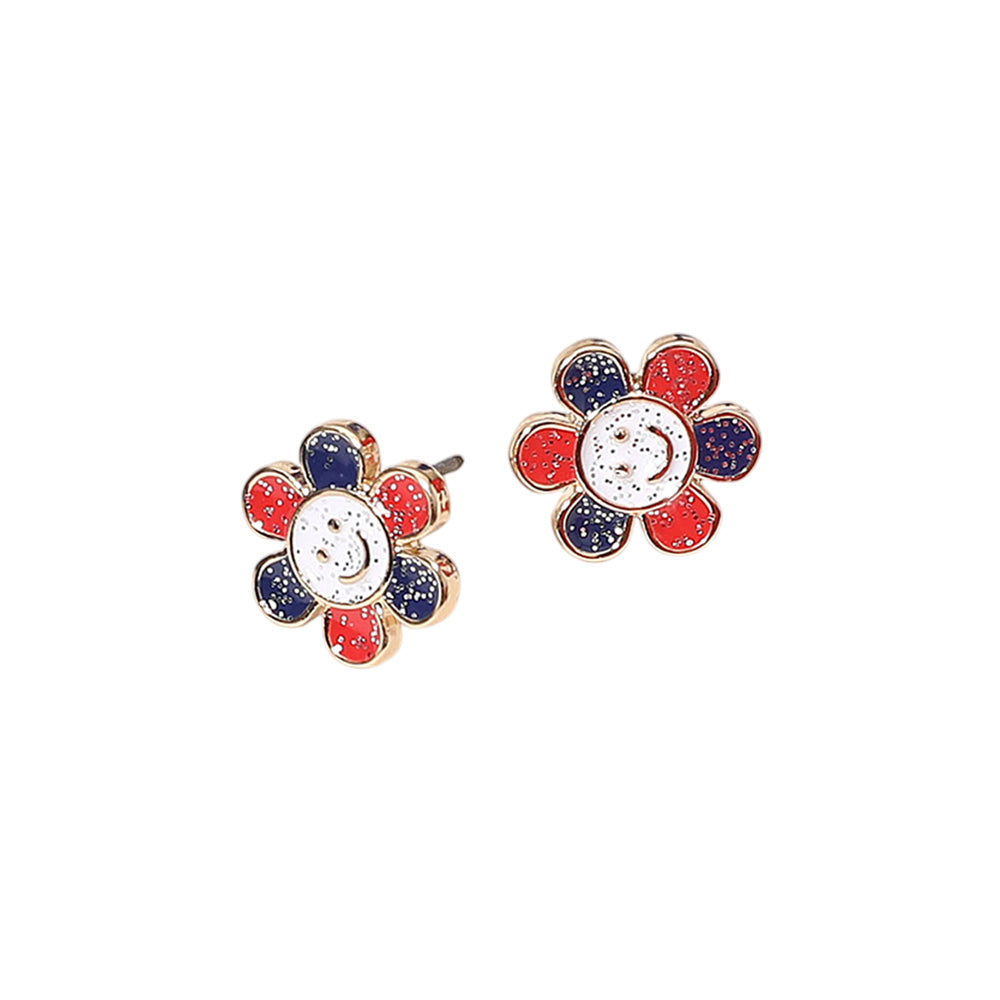 iLLASPARKZ Glittered Enamel American USA Flag Colored Smile Flower Stud Earrings
