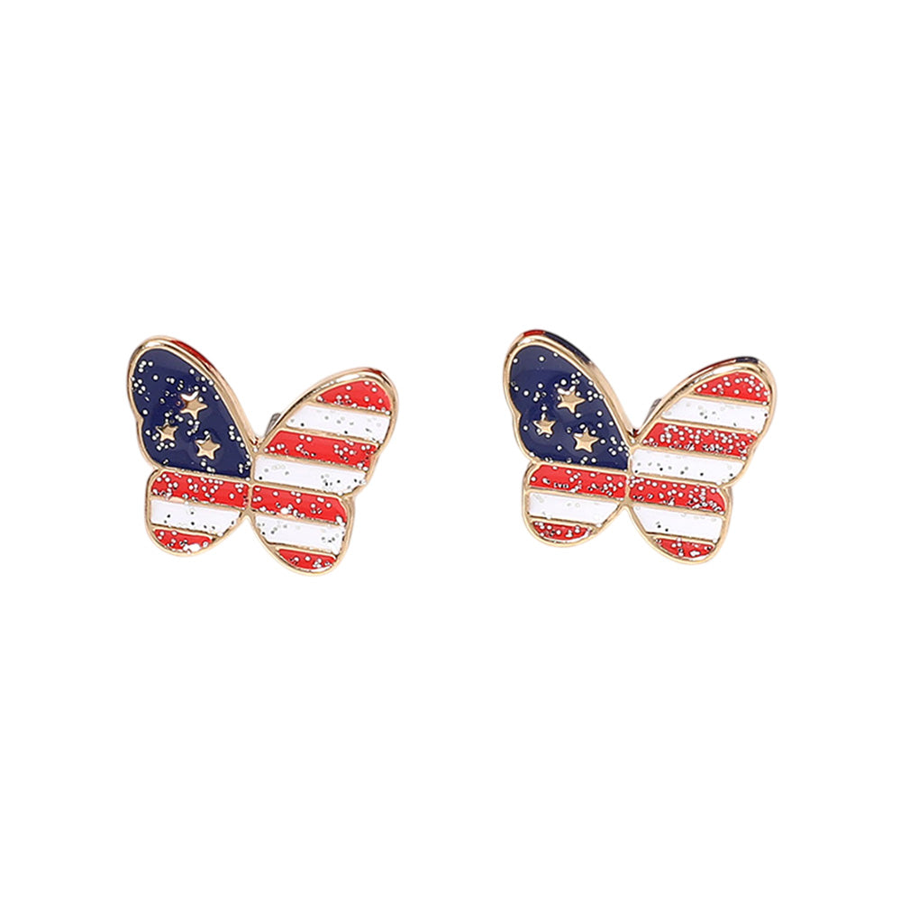iLLASPARKZ Enamel Sparkly American USA Flag Butterfly Stud Earrings