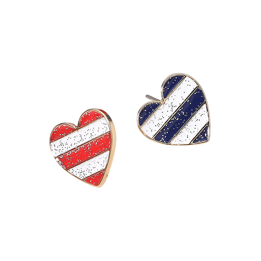 iLLASPARKZ Enamel Sparkly American USA Flag Heart Stud Earrings