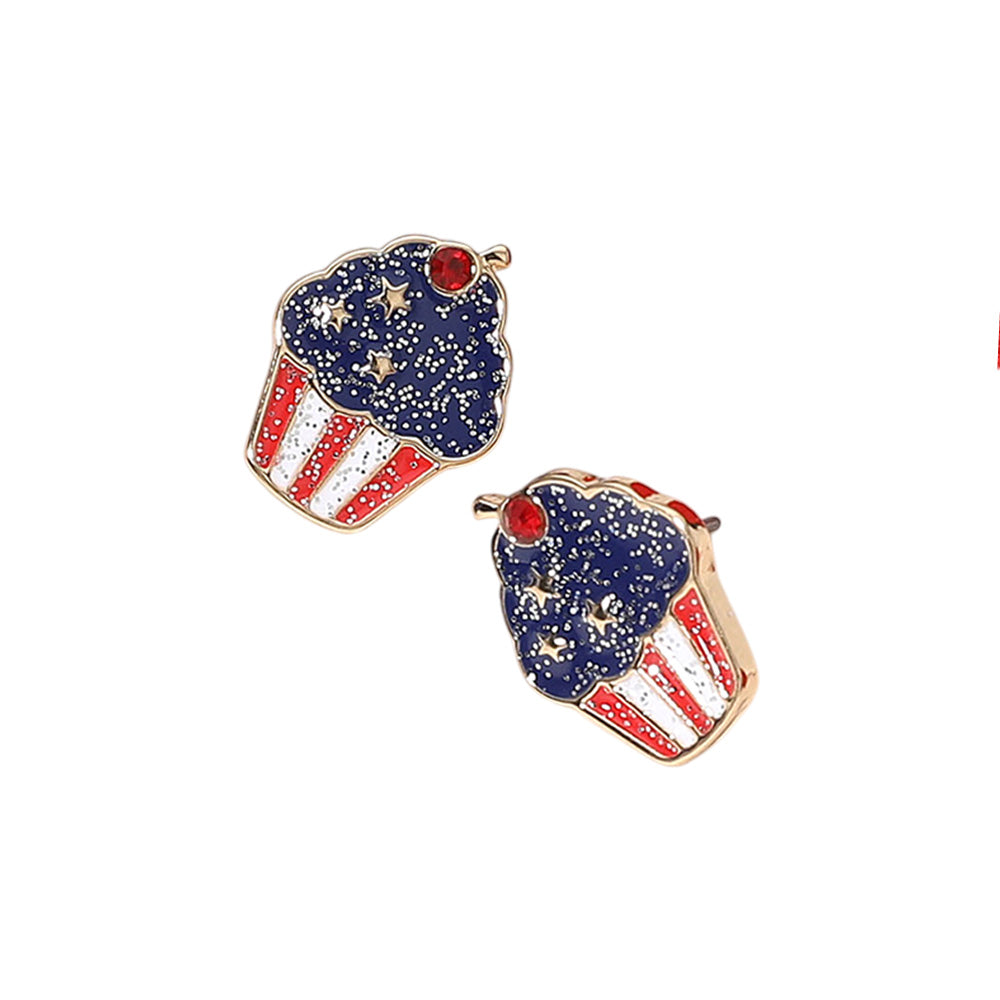 iLLASPARKZ Glittered Enamel American USA Flag Cupcake Stud Earrings