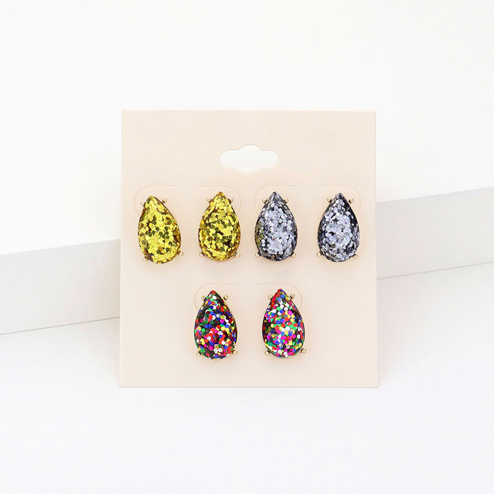 iLLASPARKZ 3Pairs - Glittered Teardrop Stud Earrings