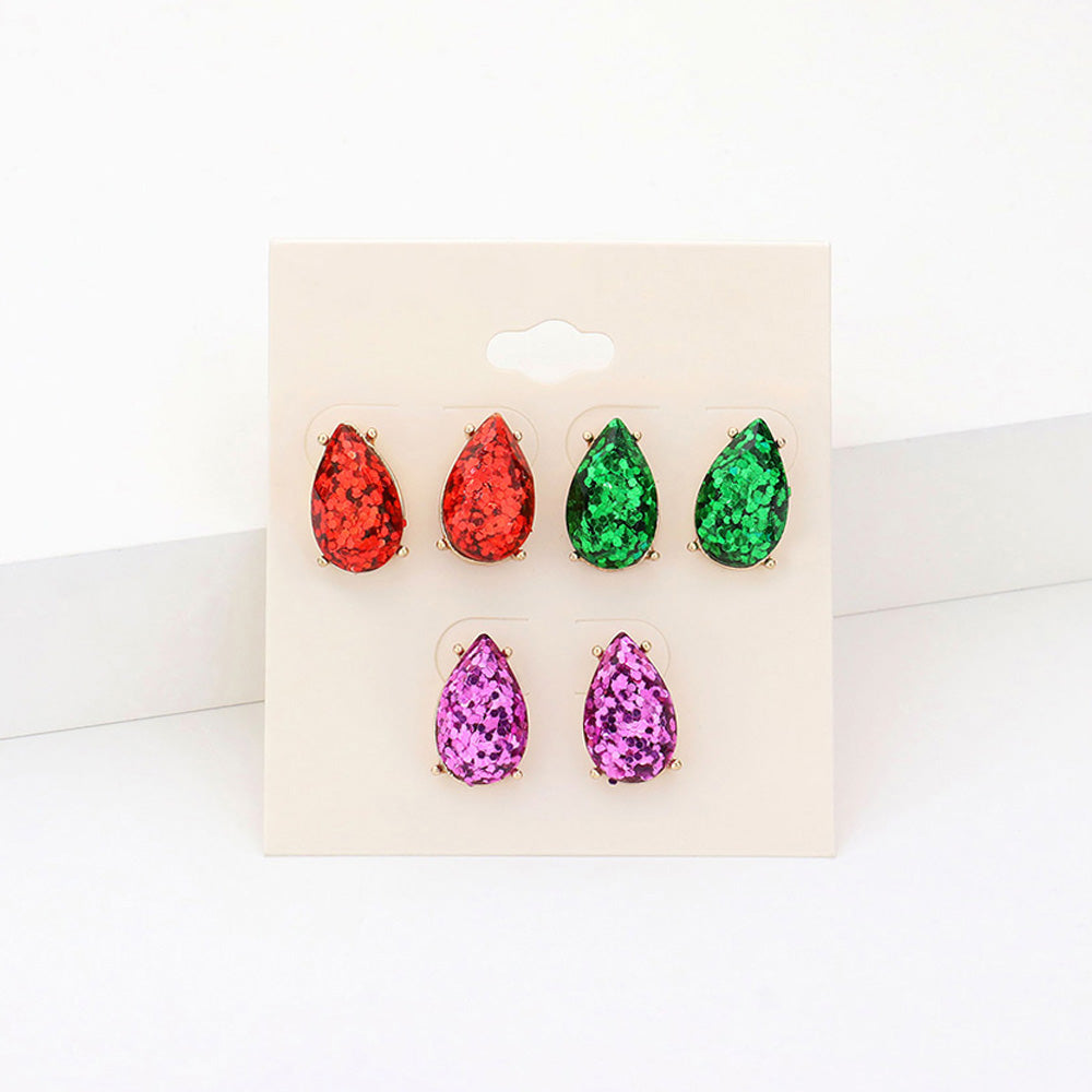 iLLASPARKZ 3Pairs - Glittered Teardrop Stud Earrings