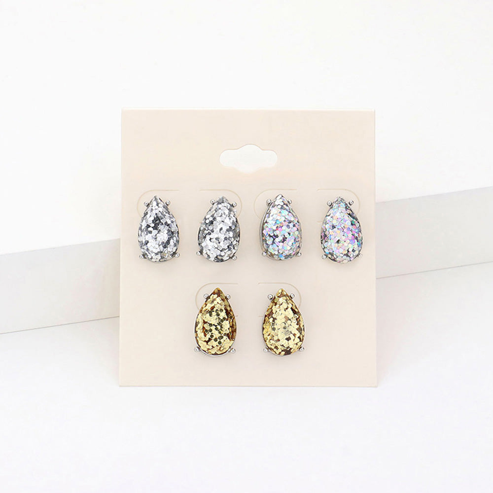 iLLASPARKZ 3Pairs - Glittered Teardrop Stud Earrings