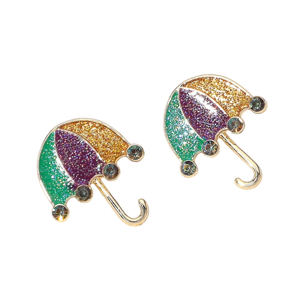 iLLASPARKZ Glittered Enamel Mardi Gras Umbrella Stud Earrings