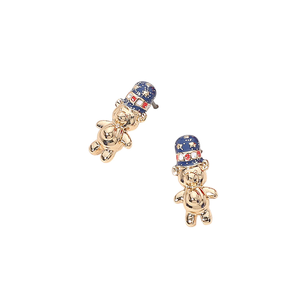 iLLASPARKZ Glittered Enamel American USA Flag Top Hat Teddy Bear Stud Earrings