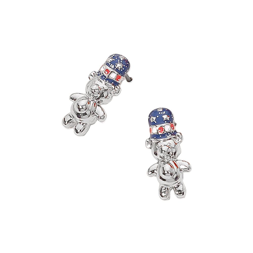 iLLASPARKZ Glittered Enamel American USA Flag Top Hat Teddy Bear Stud Earrings