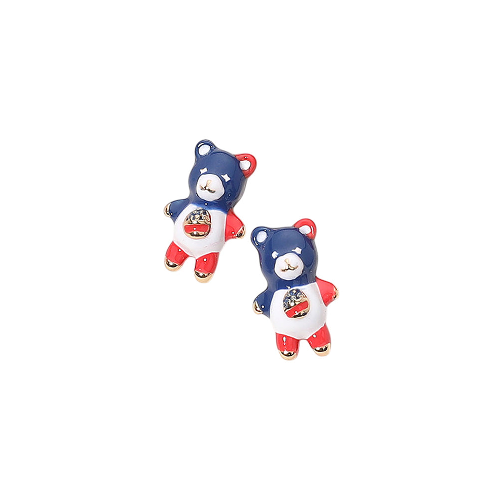 iLLASPARKZ Enamel American USA Flag Colored Teddy Bear Stud Earrings