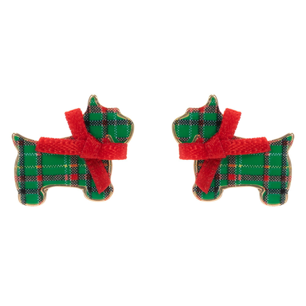 iLLASPARKZ Festive Bow Christmas Plaid Dog Stud Earrings
