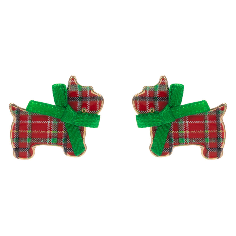 iLLASPARKZ Festive Bow Christmas Plaid Dog Stud Earrings