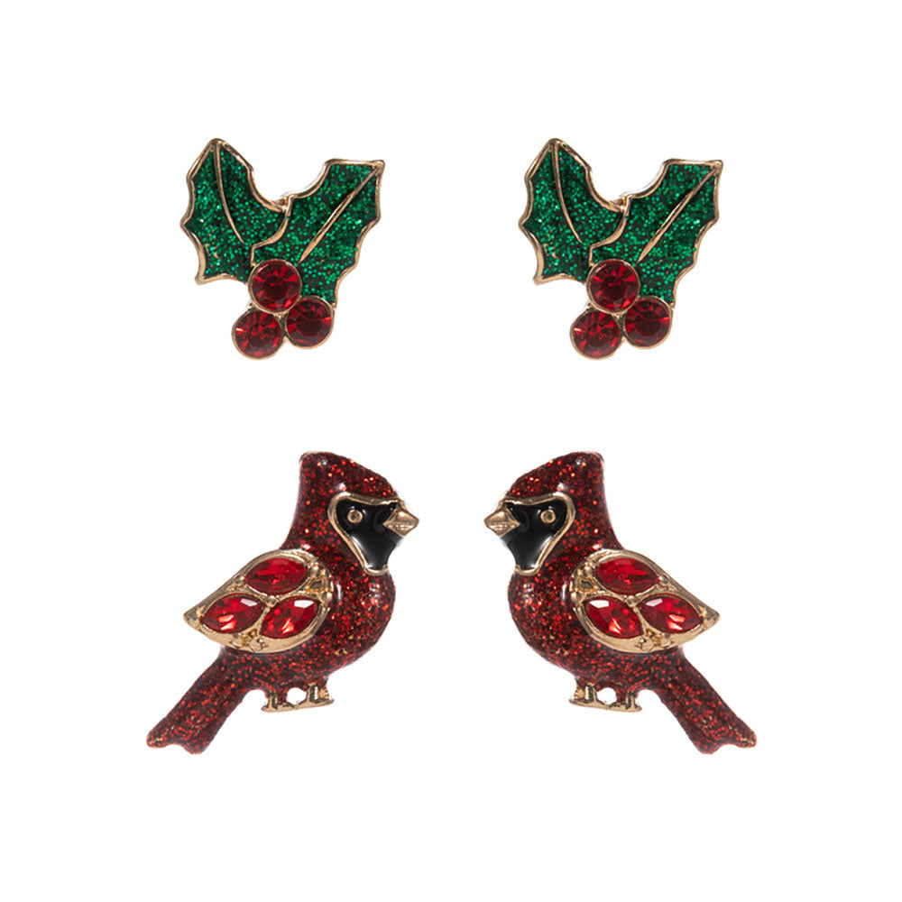 iLLASPARKZ 2Pairs - Holiday Cardinal Christmas Holly Stud Earring Set