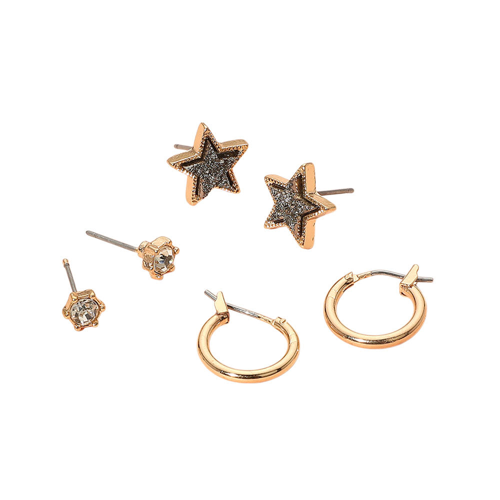 iLLASPARKZ 3Pairs - Brass Metal Round Stone Druzy Star Hoop Earring Set