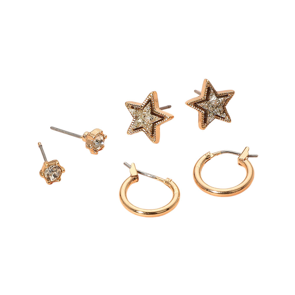 iLLASPARKZ 3Pairs - Brass Metal Round Stone Druzy Star Hoop Earring Set