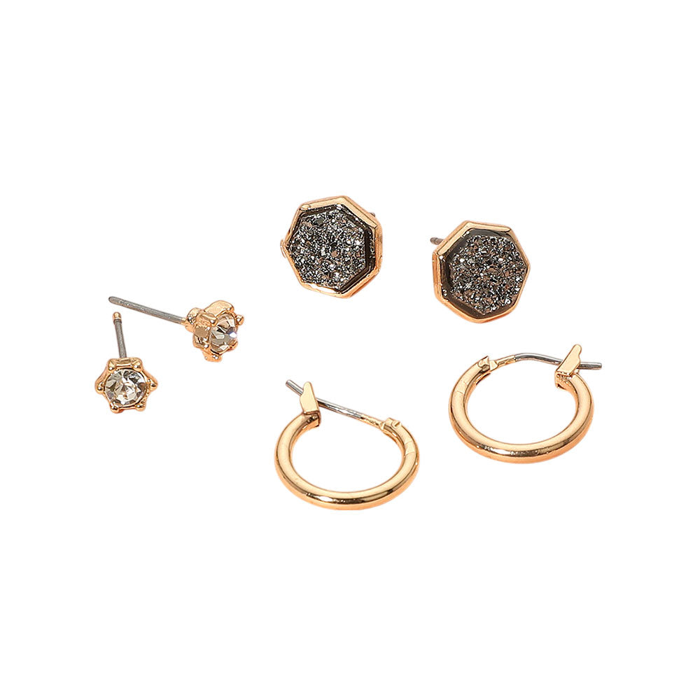 iLLASPARKZ 3Pairs - Brass Metal Round Stone Druzy Heptagon Hoop Earring Set