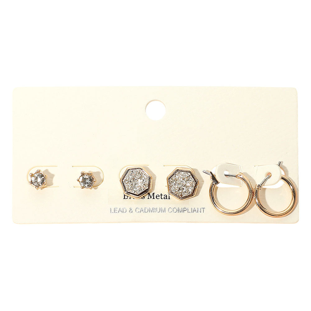 iLLASPARKZ 3Pairs - Brass Metal Round Stone Druzy Heptagon Hoop Earring Set