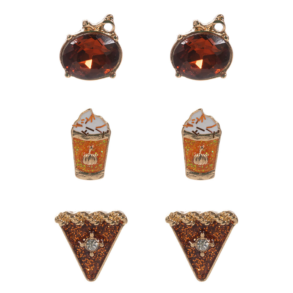 iLLASPARKZ 3Pairs - Thanksgiving Pumpkin Latte Pie Stud Earring Set