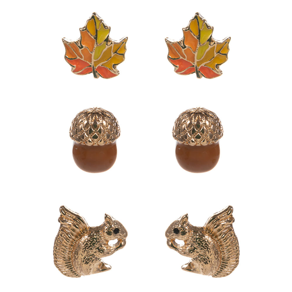 iLLASPARKZ 3Pairs - Autumn Leaf Acorn Squirrel Stud Earring Set