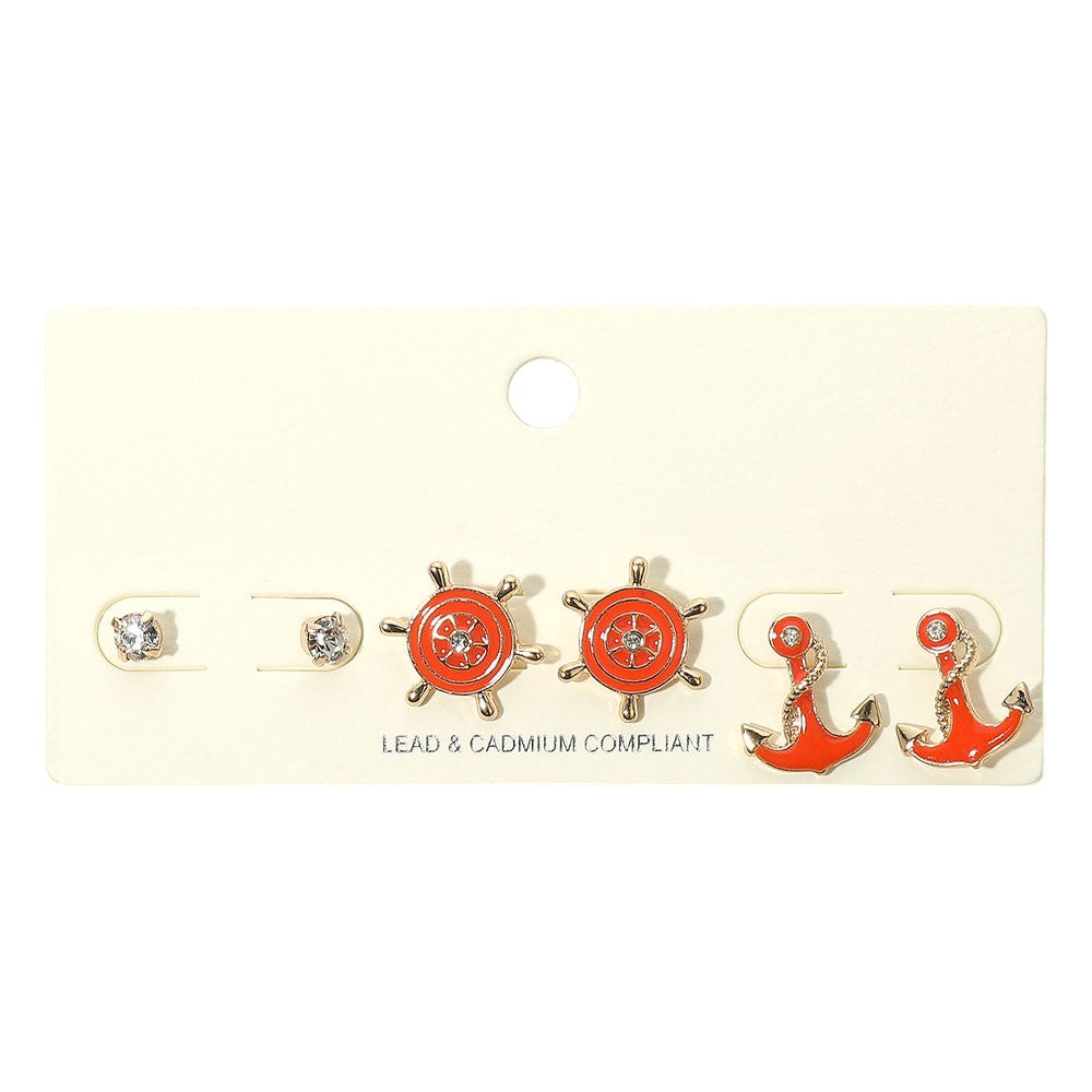 iLLASPARKZ 3PCS - Stone Embellished Enamel Ship Wheel Anchor Stud Earring Set