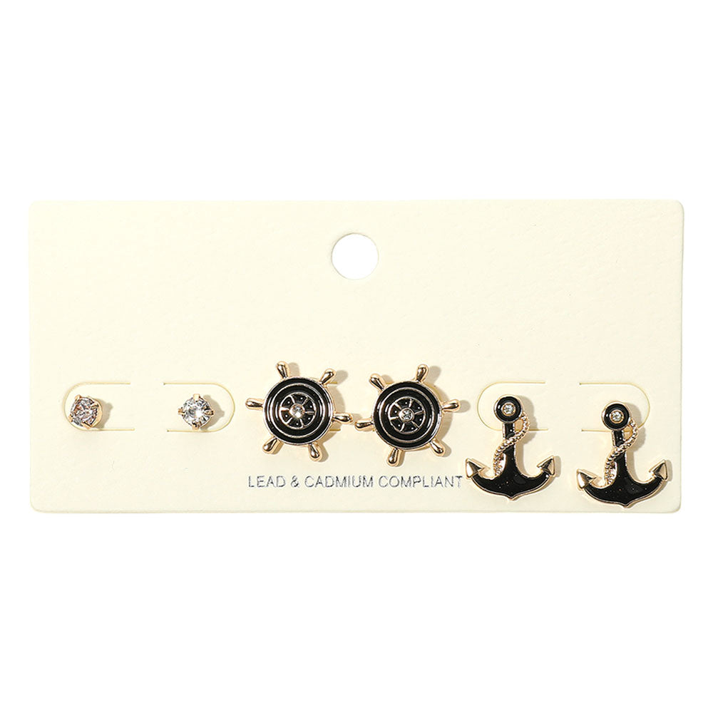iLLASPARKZ 3PCS - Stone Embellished Enamel Ship Wheel Anchor Stud Earring Set