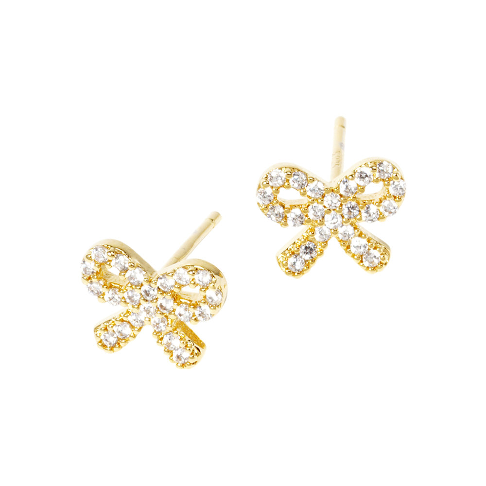 iLLASPARKZ Gold Dipped CZ Stone Paved Bow Mini Stud Earrings