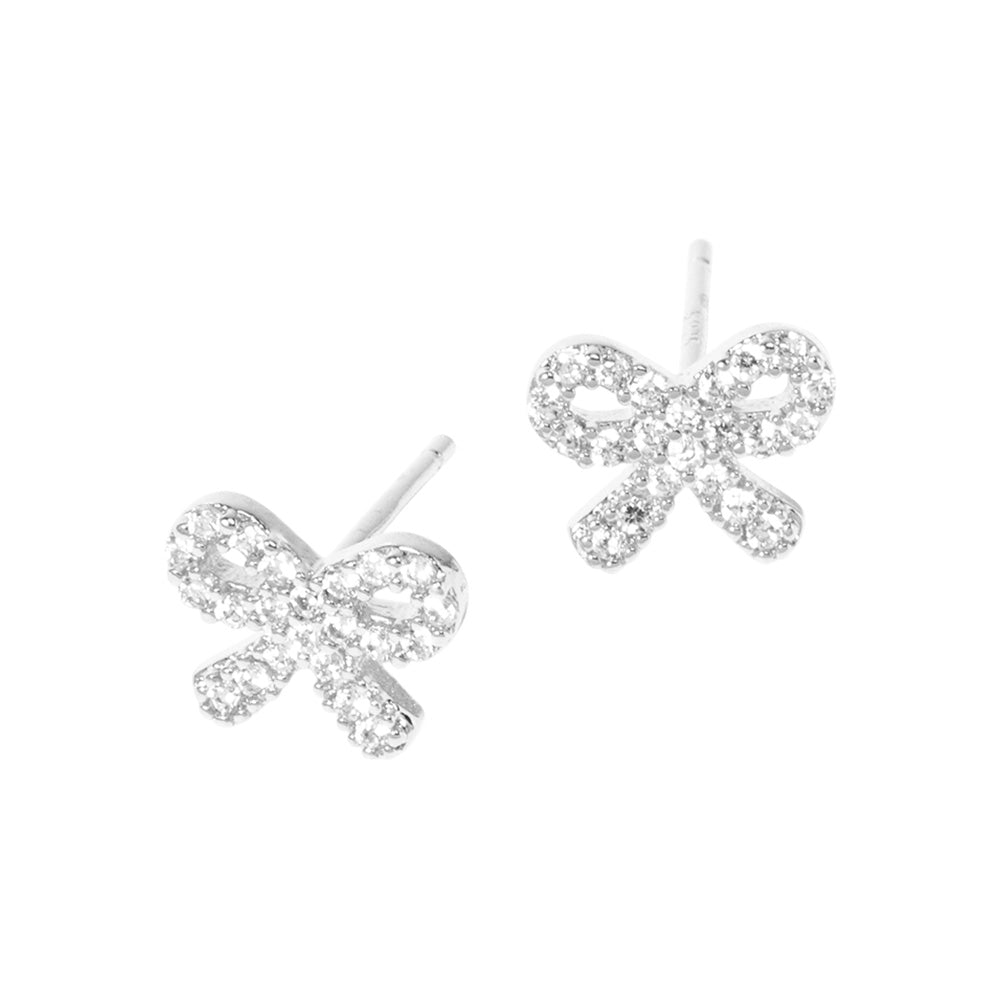 iLLASPARKZ White Gold Dipped CZ Stone Paved Bow Mini Stud Earrings