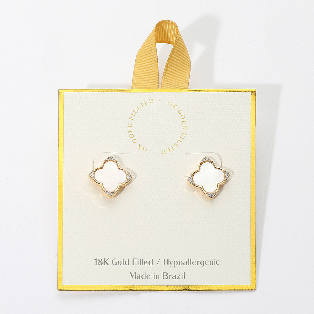 iLLASPARKZ 18K Gold Filed Stone Paved Tip Mother of Pearl Quatrefoil Stud Earrings