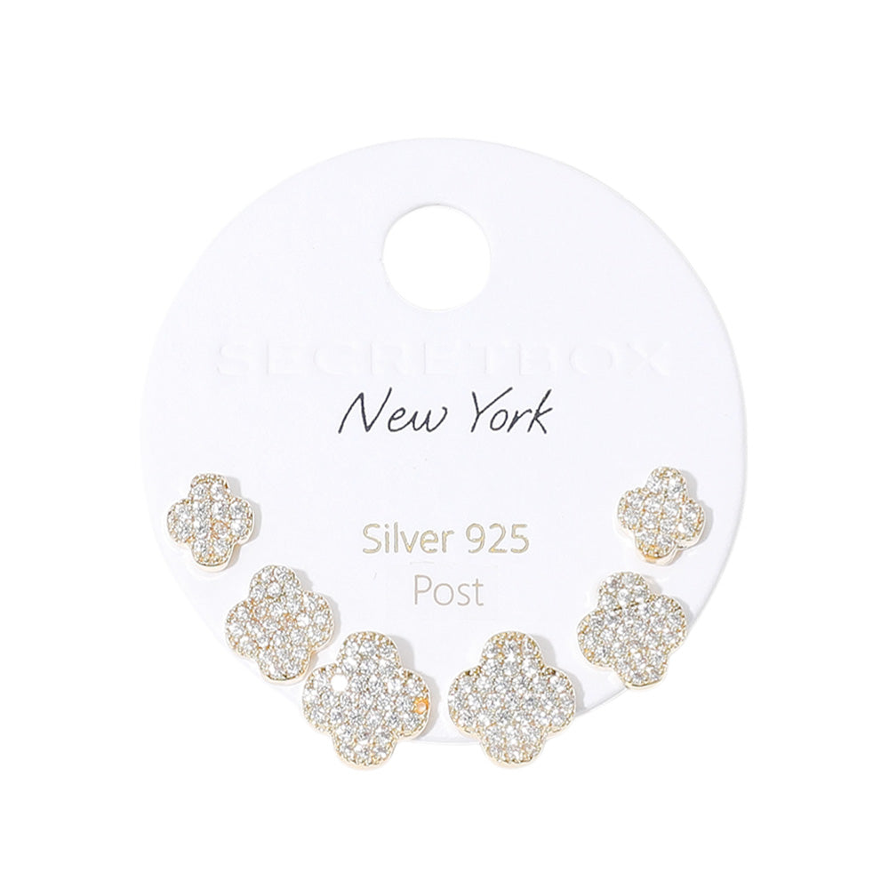 iLLASPARKZ SECRET BOX_Sterling Silver Post Stone Paved Quatrefoil 3 Pairs Stud Earring Set