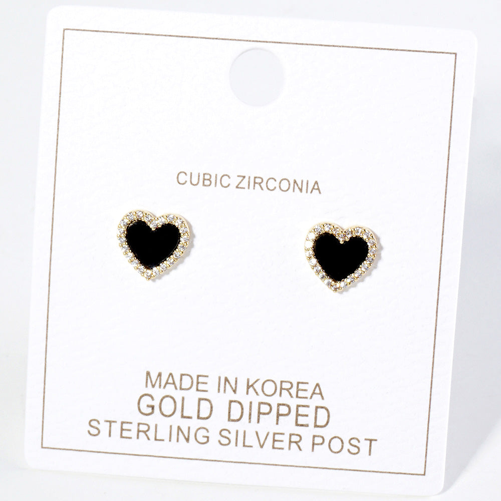 iLLASPARKZ Gold Dipped CZ Stone Paved Rim Heart Stud Earrings