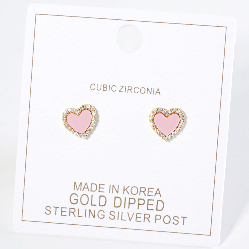 iLLASPARKZ Gold Dipped CZ Stone Paved Rim Heart Stud Earrings