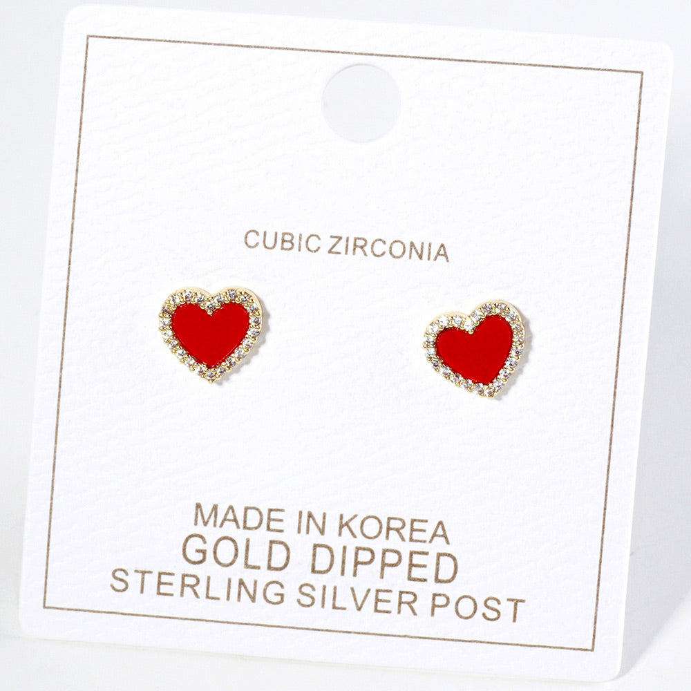 iLLASPARKZ Gold Dipped CZ Stone Paved Rim Heart Stud Earrings