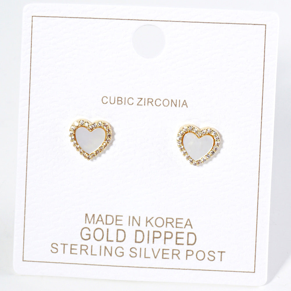 iLLASPARKZ Gold Dipped CZ Stone Paved Rim Mother of Pearl Heart Stud Earrings