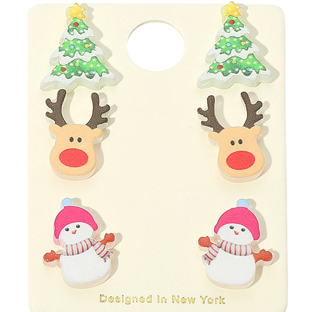 iLLASPARKZ 3Pairs - Christmas Tree Reindeer Snowman Stud Earring Set