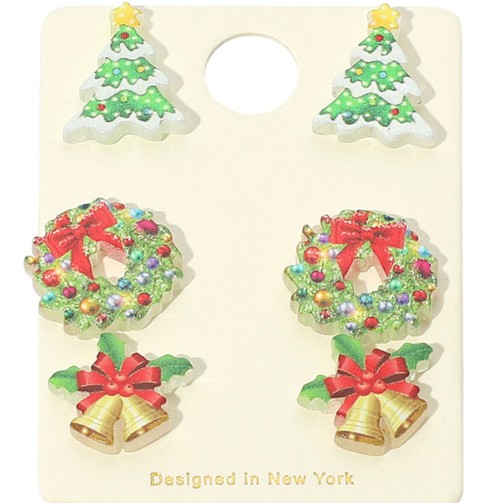 iLLASPARKZ 3Pairs - Christmas Tree Wreath Bell Stud Earring Set