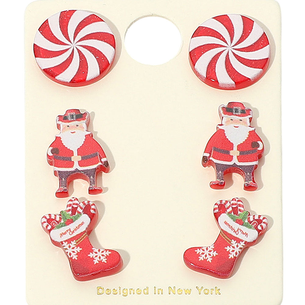 iLLASPARKZ 3Pairs - Christmas Peppermint Santa Socks Stud Earring Set