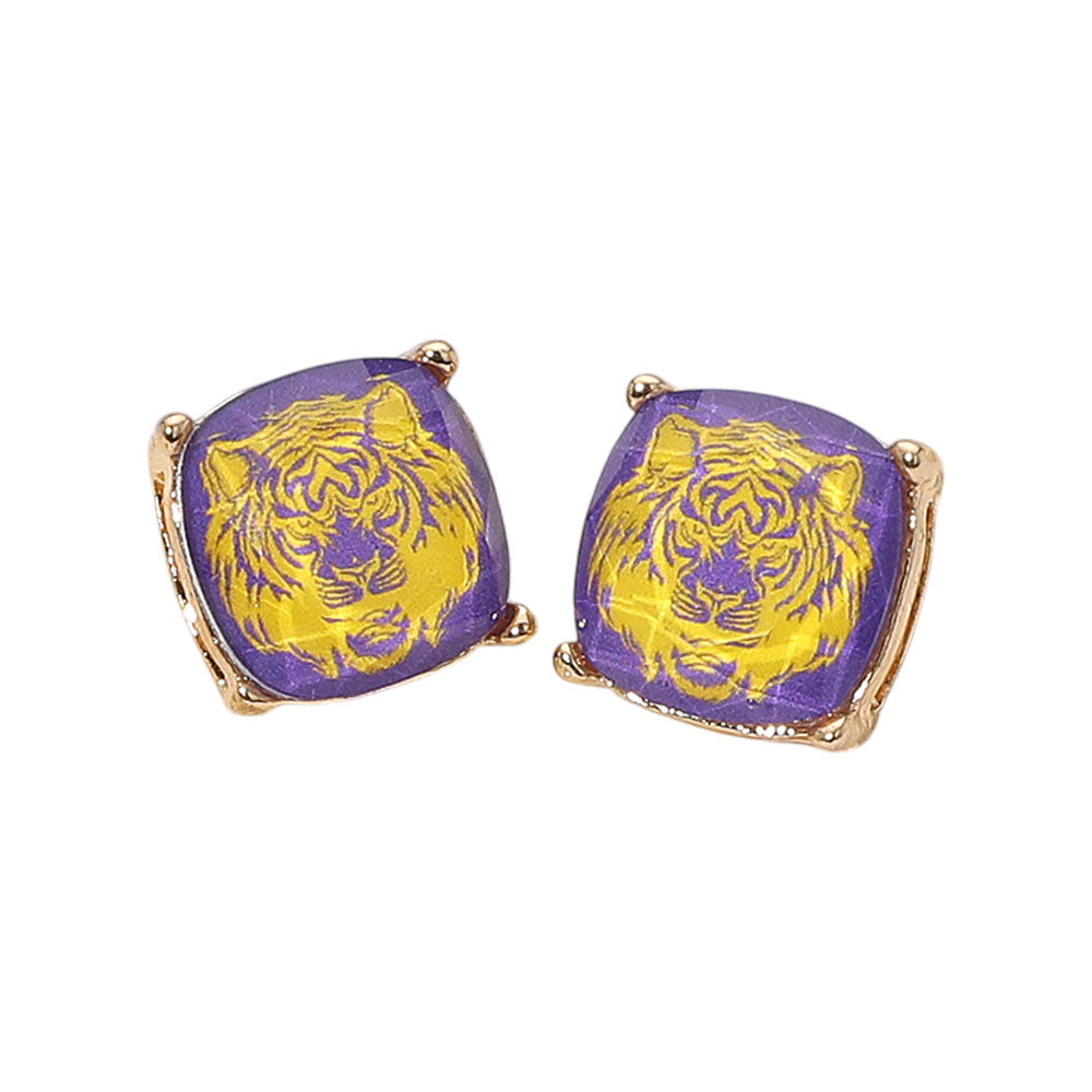 iLLASPARKZ Tiger Face Printed Game Day Cushion Square Stud Earrings