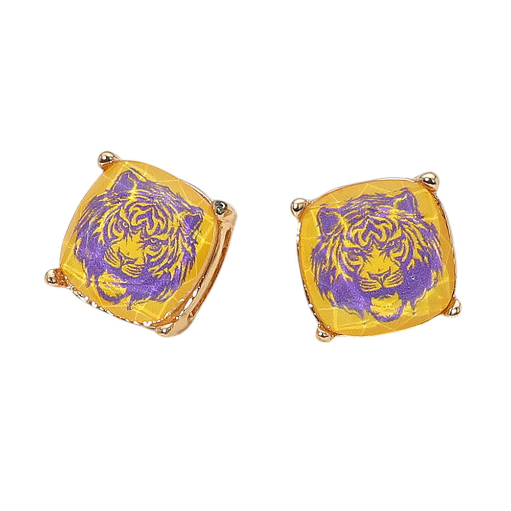 iLLASPARKZ Fierce Tiger Face Printed Game Day Cushion Square Stud Earrings
