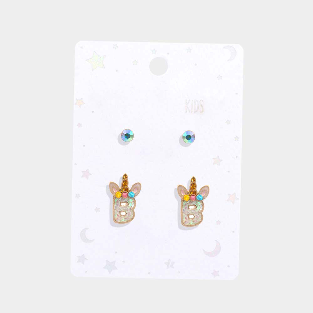 iLLASPARKZ 2Pairs - B Round Stone Unicorn Monogram Stud Kids Earrings