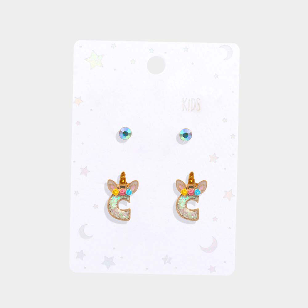 iLLASPARKZ 2Pairs - C Round Stone Unicorn Monogram Stud Kids Earrings