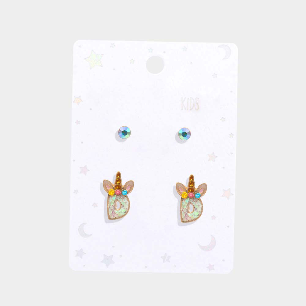 iLLASPARKZ 2Pairs - D Round Stone Unicorn Monogram Stud Kids Earrings