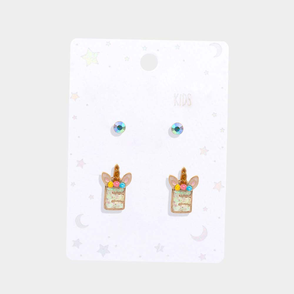 iLLASPARKZ 2Pairs - E Round Stone Unicorn Monogram Stud Kids Earrings