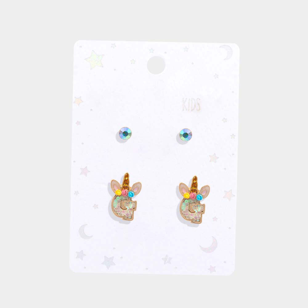 iLLASPARKZ 2Pairs - G Round Stone Unicorn Monogram Stud Kids Earrings