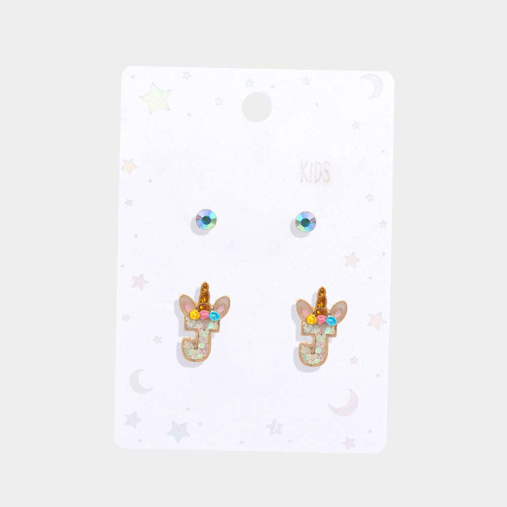 iLLASPARKZ 2Pairs - J Round Stone Unicorn Monogram Stud Kids Earrings