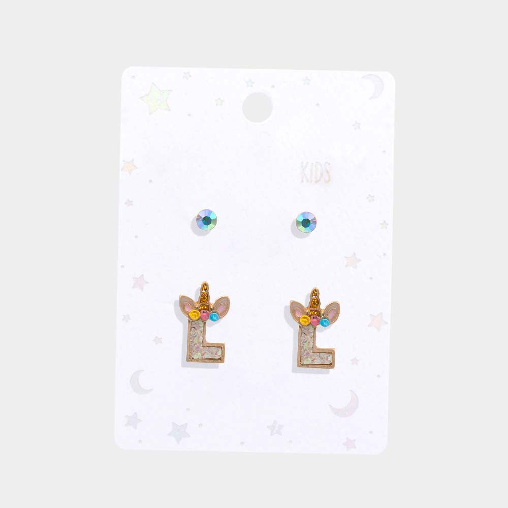 iLLASPARKZ 2Pairs - L Round Stone Unicorn Monogram Stud Kids Earrings