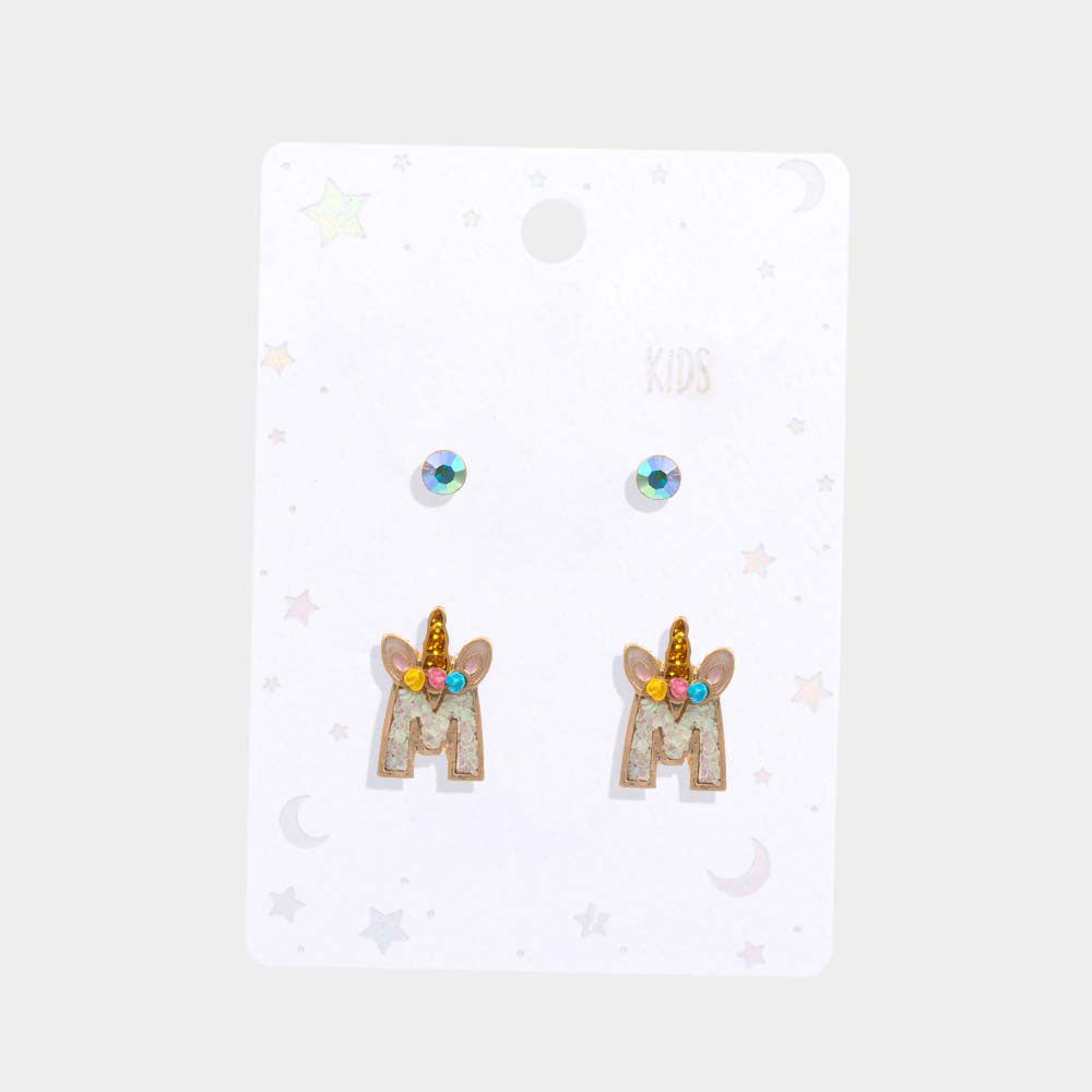 iLLASPARKZ 2Pairs - M Round Stone Unicorn Monogram Stud Kids Earrings