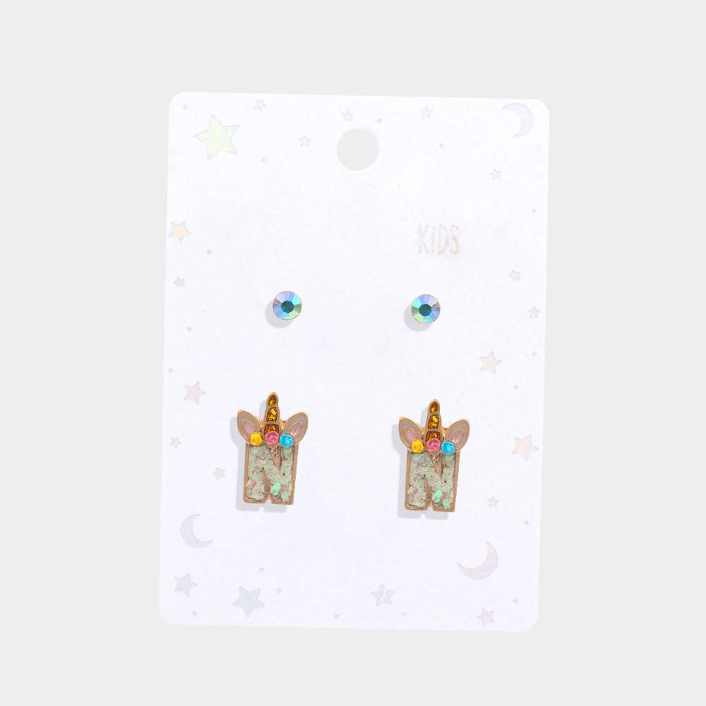 iLLASPARKZ 2Pairs - N Round Stone Unicorn Monogram Stud Kids Earrings