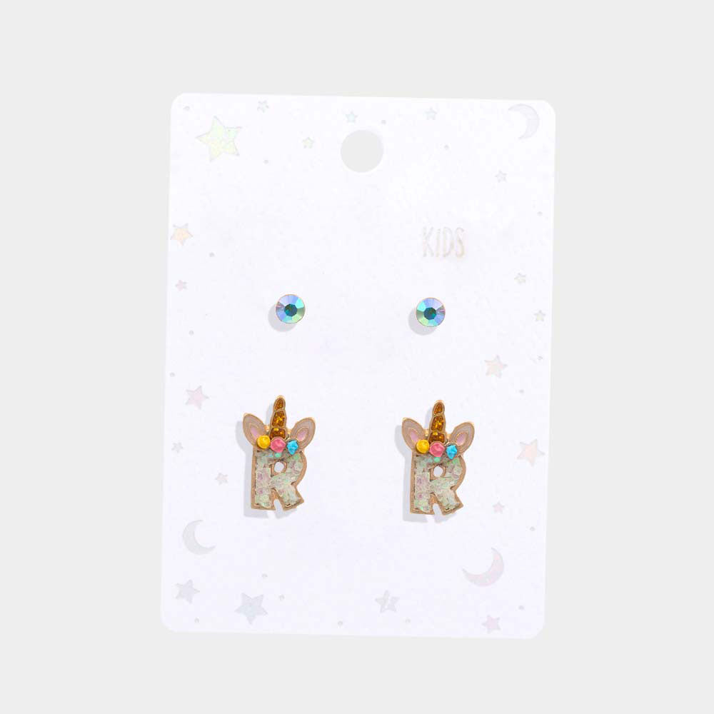 iLLASPARKZ 2Pairs - R Round Stone Unicorn Monogram Stud Kids Earrings