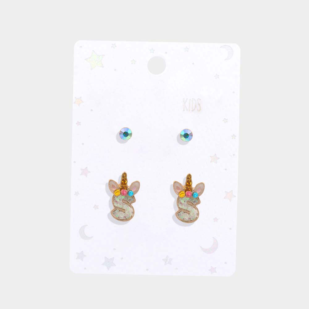 iLLASPARKZ 2Pairs - S Round Stone Unicorn Monogram Stud Kids Earrings