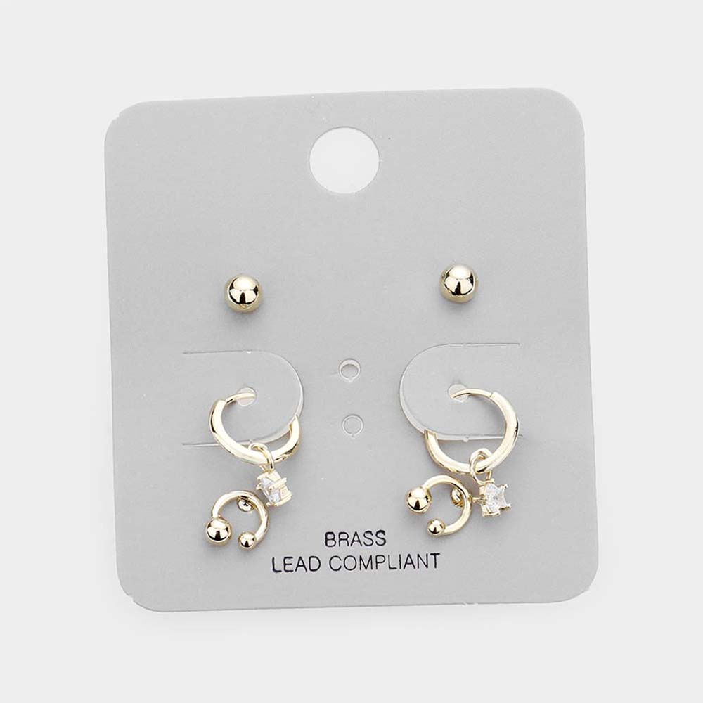 iLLASPARKZ 3Pairs  - Brass Metal Ball Stud Rhinestone Dangle Earrings